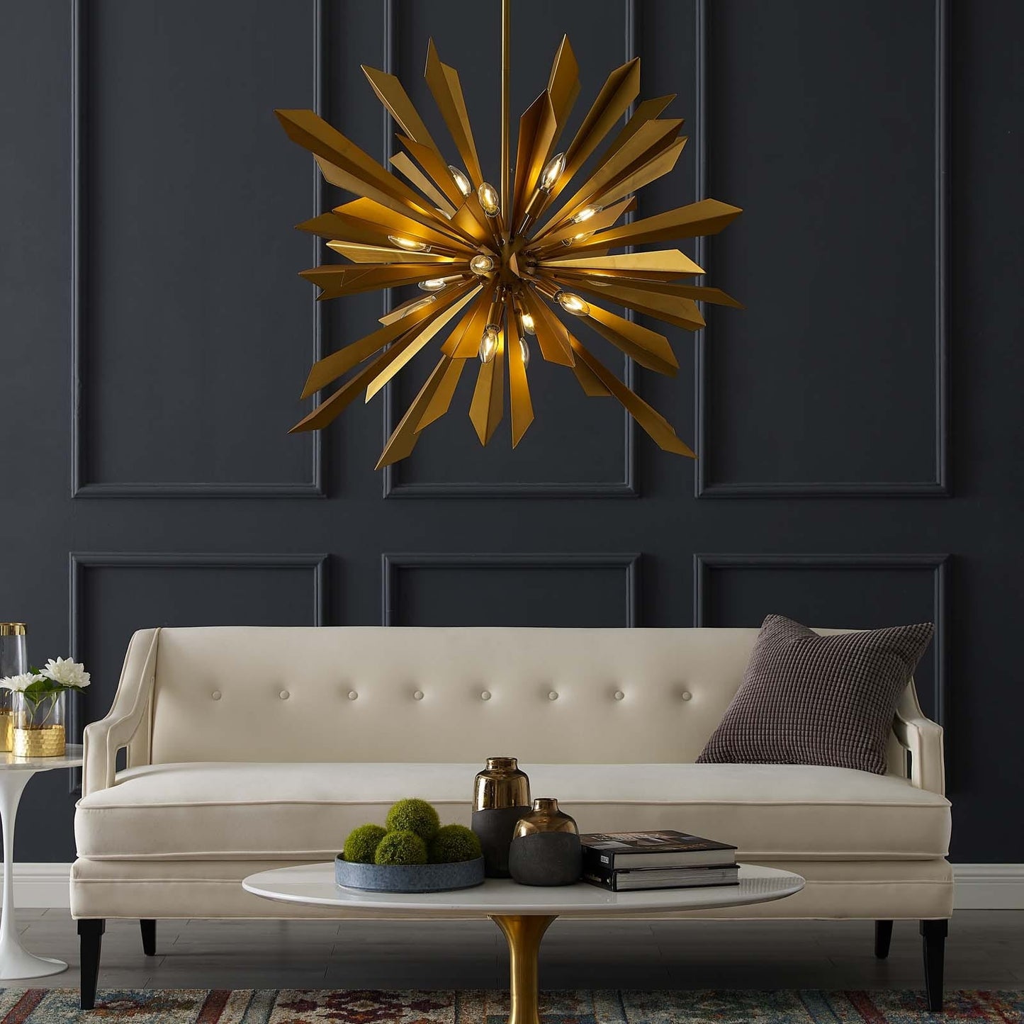 Pervade Starburst Brass Pendant Chandelier – 16-Light Mid-Century Modern Fixture