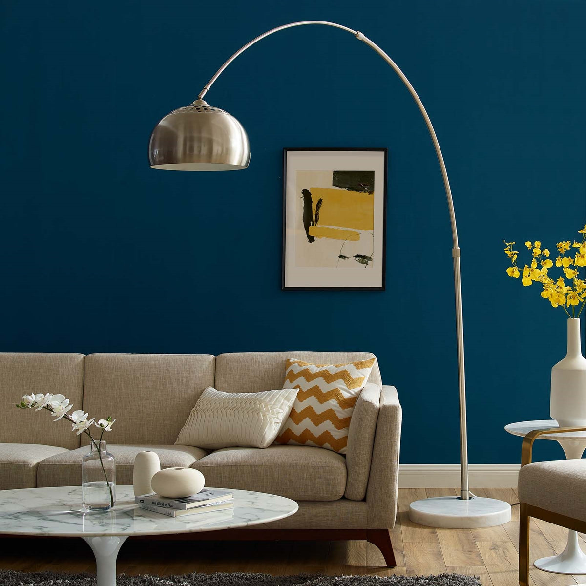 Sunflower Floor Lamp – White Marble Base with Adjustable Nickel-Plated Arm