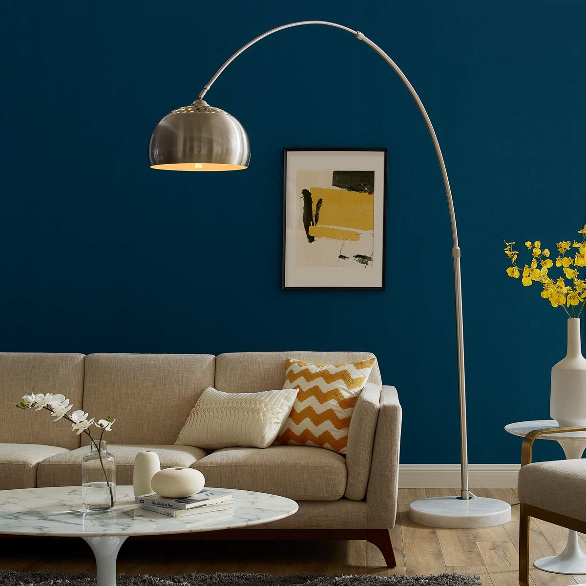 Sunflower Floor Lamp – White Marble Base with Adjustable Nickel-Plated Arm