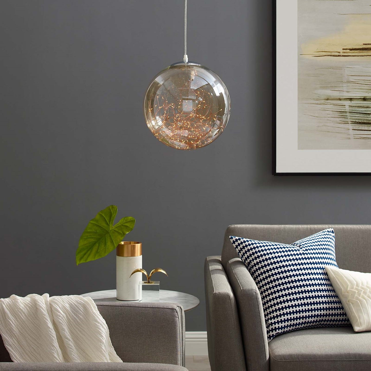 Fairy 8" Amber Glass Globe Pendant Chandelier – Modern LED Ceiling Light