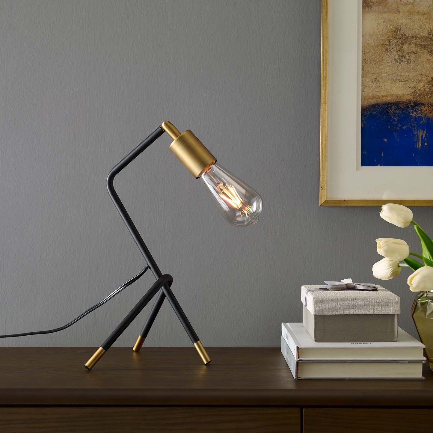 Achievement Table Lamp – Industrial Modern Tripod Lighting with Antique Brass Socket