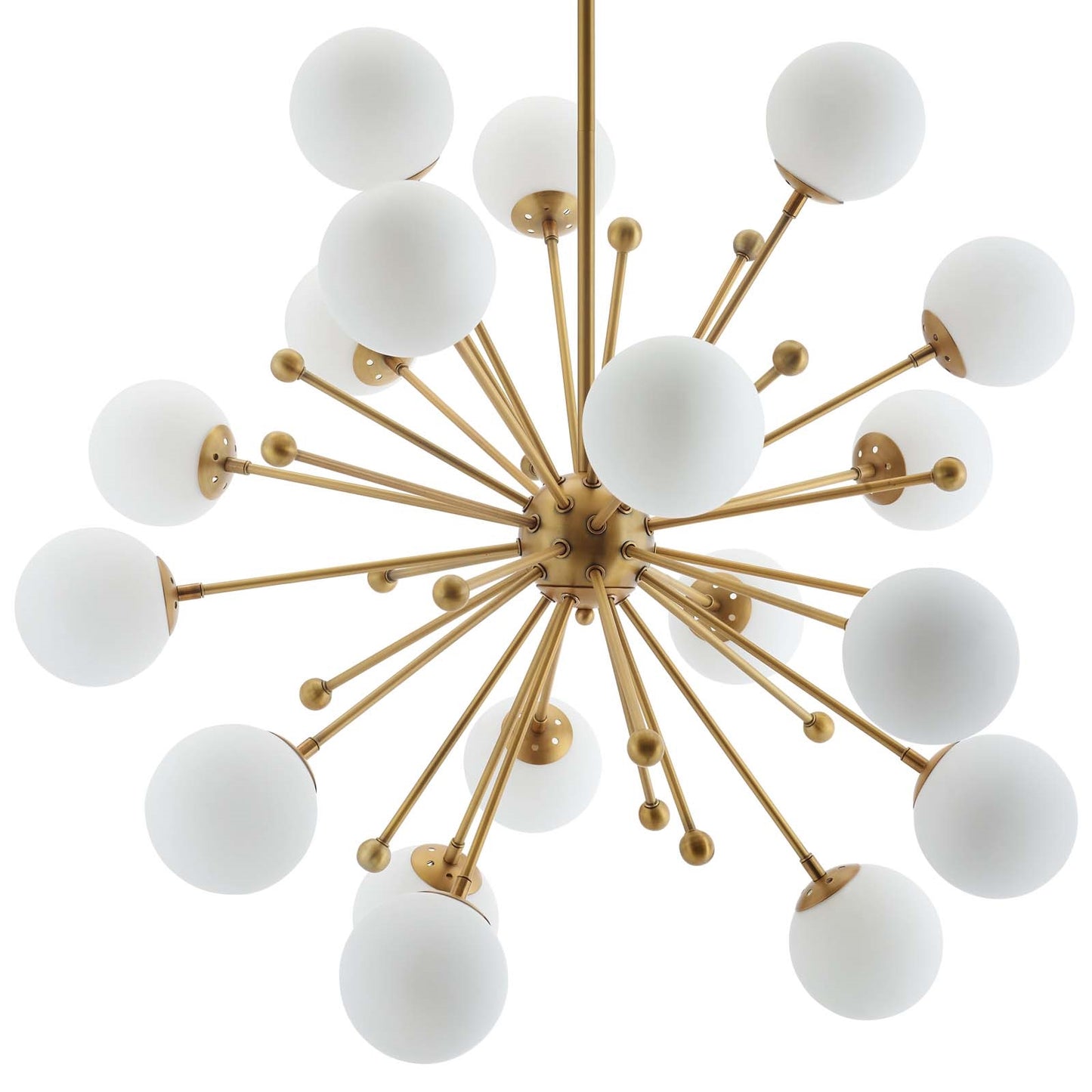 Constellation White Glass and Brass Pendant Chandelier – 18-Light Mid-Century Starburst Fixture