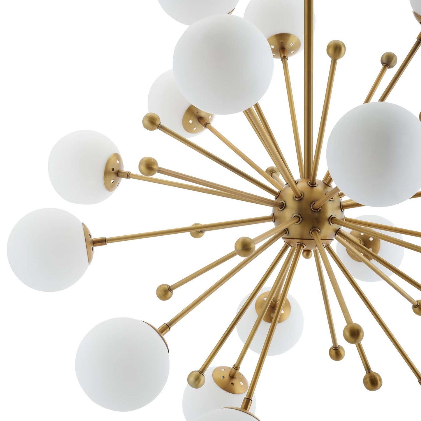 Constellation White Glass and Brass Pendant Chandelier – 18-Light Mid-Century Starburst Fixture