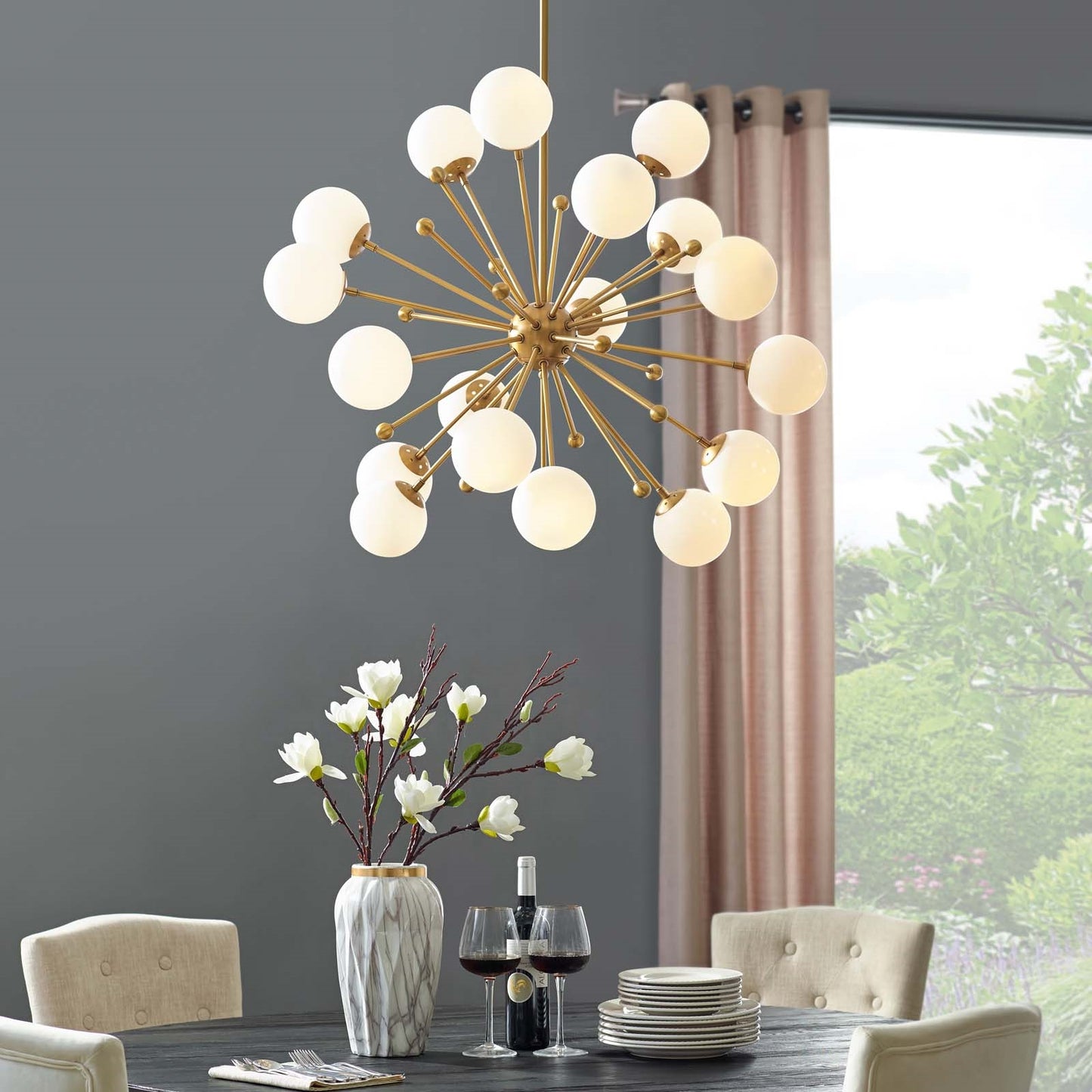 Constellation White Glass and Brass Pendant Chandelier – 18-Light Mid-Century Starburst Fixture