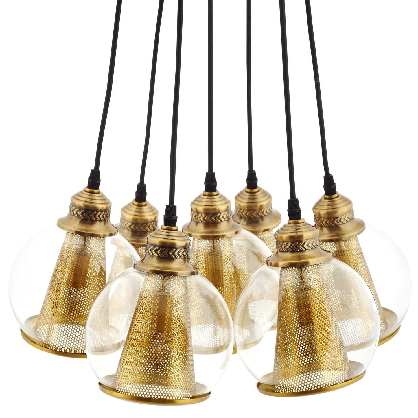 Peak Brass Cone and Glass Globe Cluster Pendant Chandelier – 7-Light Adjustable Pendant