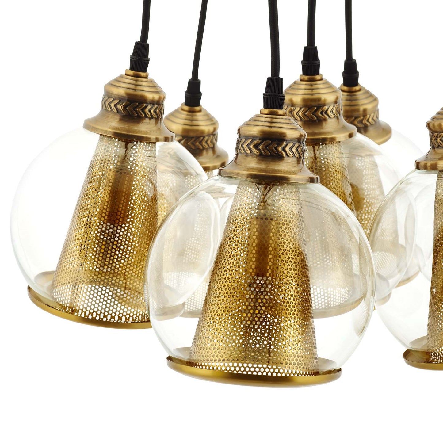 Peak Brass Cone and Glass Globe Cluster Pendant Chandelier – 7-Light Adjustable Pendant