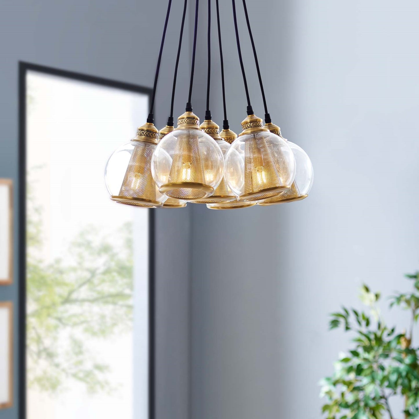 Peak Brass Cone and Glass Globe Cluster Pendant Chandelier – 7-Light Adjustable Pendant