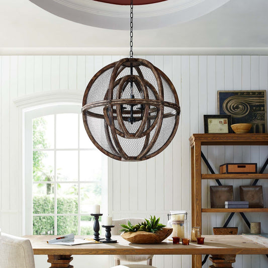 Gravitate Globe Rustic Oak Wood Pendant Light Chandelier – 3-Light Rustic Modern Ceiling Fixture