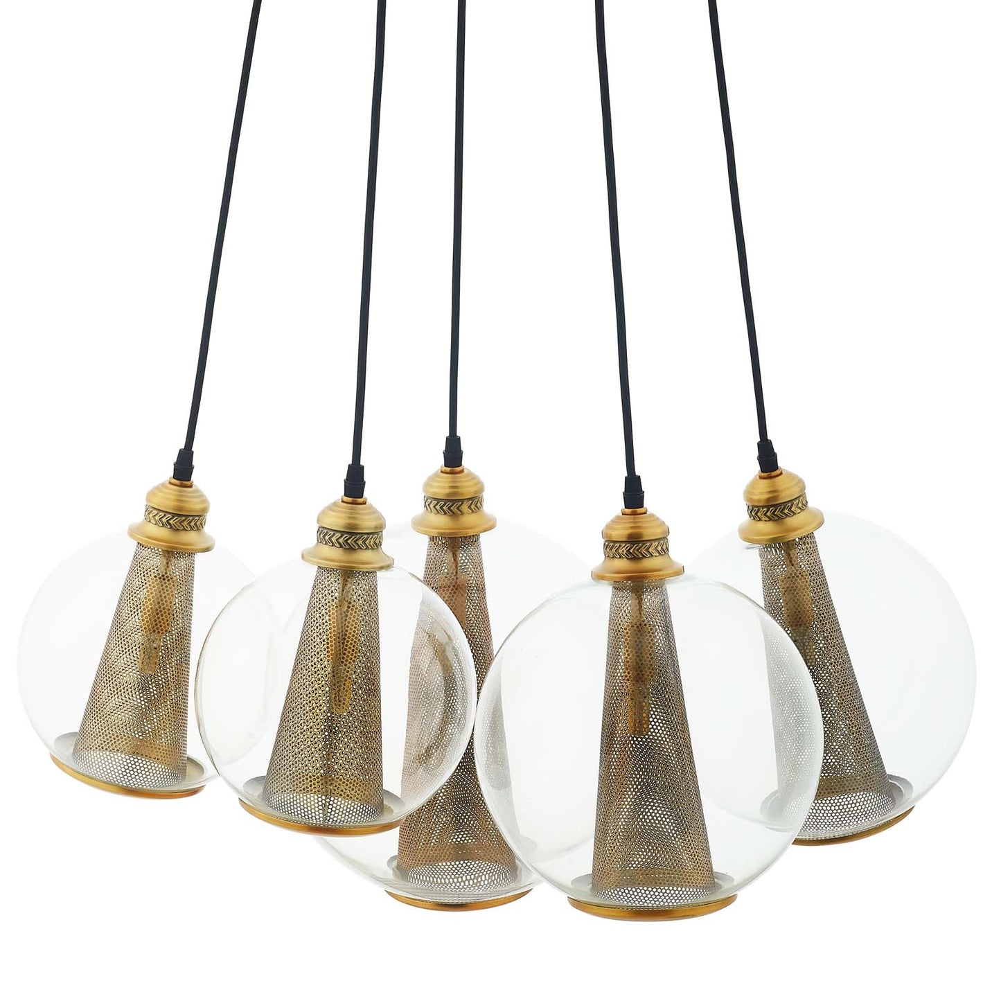 Peak Brass Cone and Glass Globe Cluster Pendant Light Chandelier – 5-Light Modern Ceiling Fixture