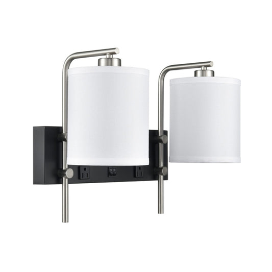 Brushed Nickel & Black Double Wall Sconce with Pure White Linen Drum Shades (UL/ETL Listed)