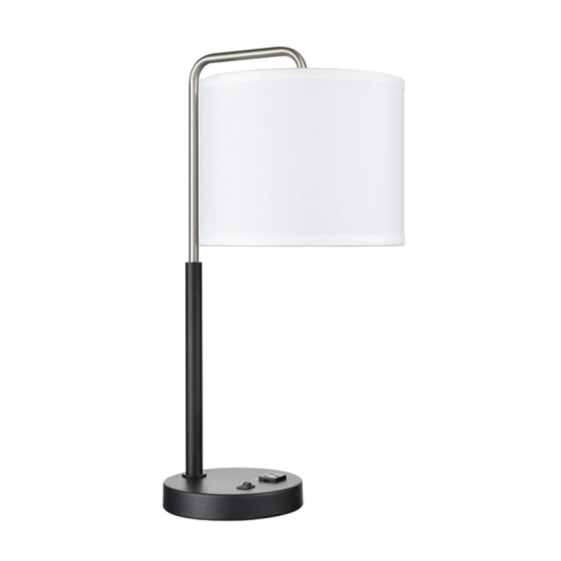 Brushed Nickel & Black Table Lamp with White Linen Drum Shade – 23” H