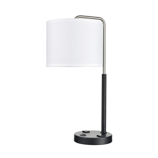 Modern Brushed Nickel & Black Table Lamp with White Linen Drum Shade – 23” Height (SKU: HL-60514)