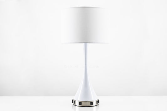 Sleek White Table Lamp – Gloss & Brushed Nickel Finish with Dual USB and Outlet Ports