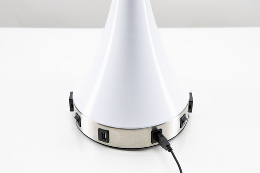 Sleek White Table Lamp – Gloss & Brushed Nickel Finish with Dual USB and Outlet Ports