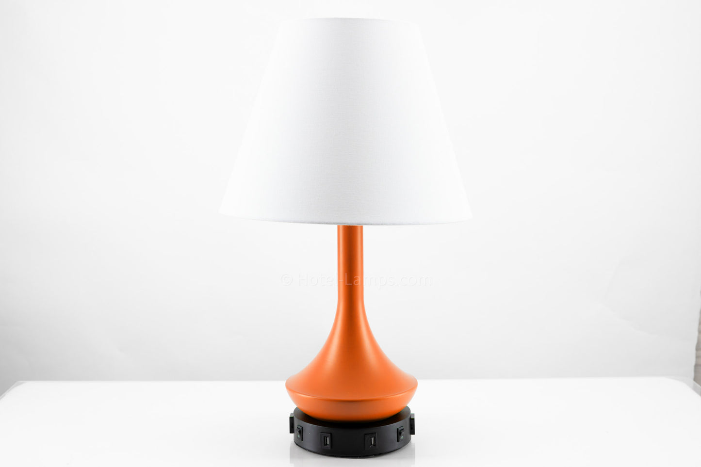 Double Table Lamp – Orange Finish with Black Base, USB Charging Stations and Outlets