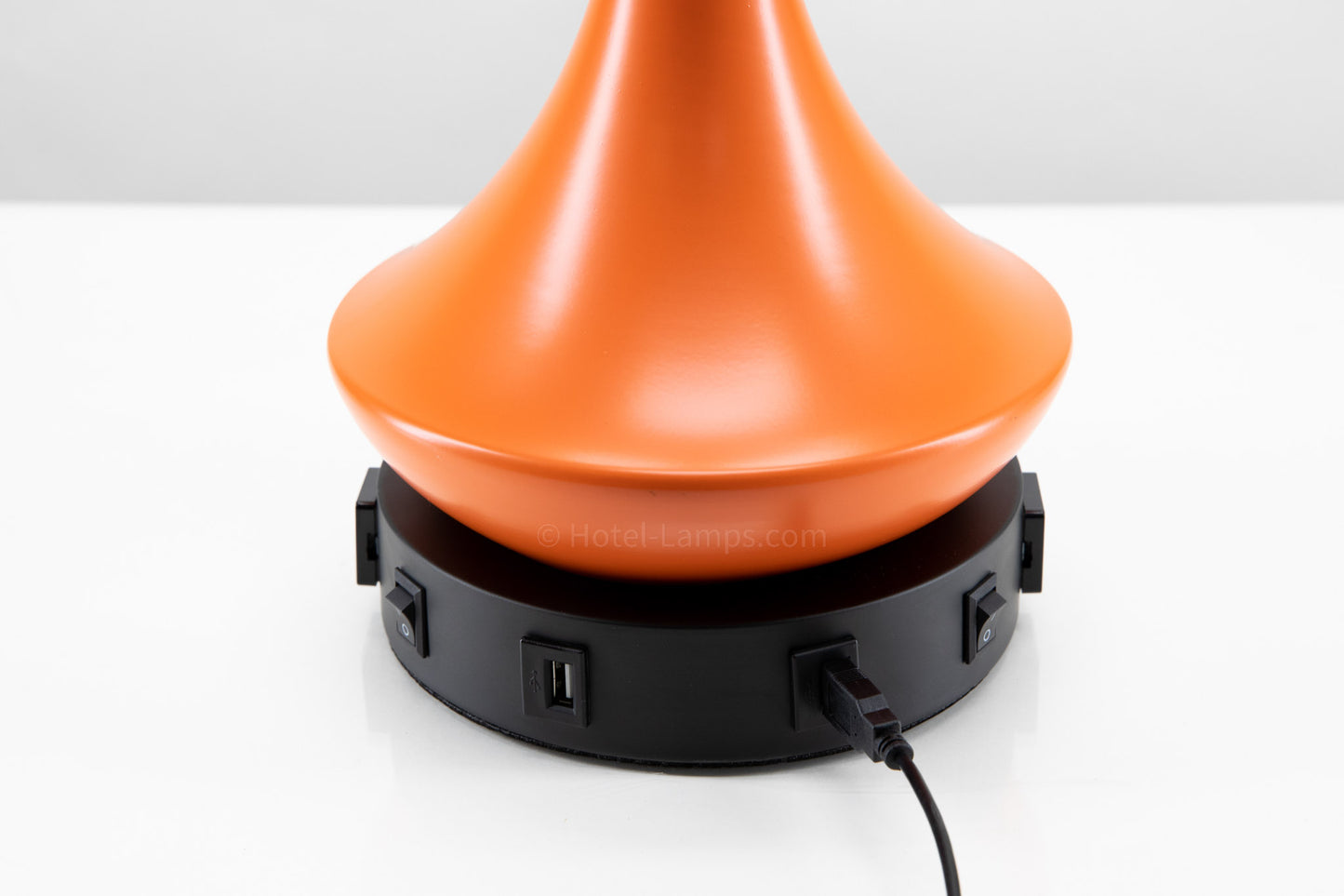 Double Table Lamp – Orange Finish with Black Base, USB Charging Stations and Outlets
