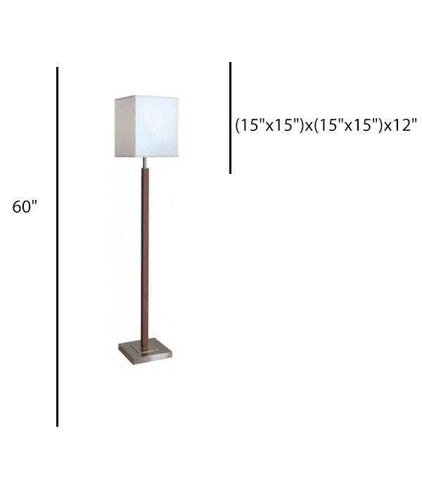 Guestroom Floor Lamp – HLFL11276, Wood Body with Satin Nickel Base & White Linen Shade