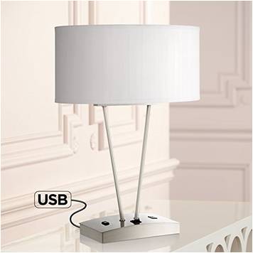 Modern Silver Table Lamp with USB Ports & Dual Power Outlets – HLHT7027