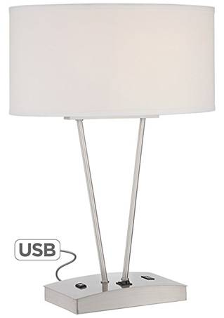 Modern Silver Table Lamp with USB Ports & Dual Power Outlets – HLHT7027