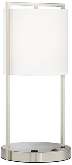 Modern Brushed Nickel Table Lamp with USB & Power Outlet – HLHT7028