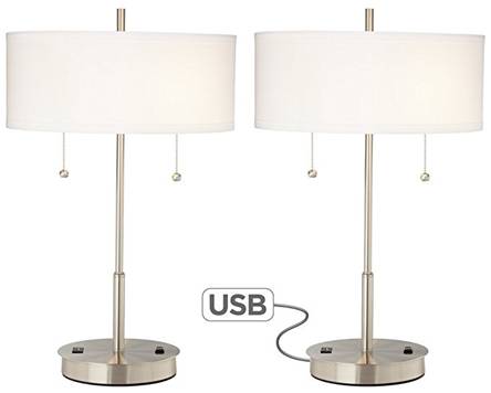 Brushed Nickel Hotel Bedside Table Lamp with Fabric Shade & USB Outlet – HLHT7029