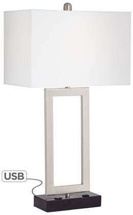 Brushed Nickel Metal Flat Tube Table Lamp with USB & Power Outlet – HLHT7030