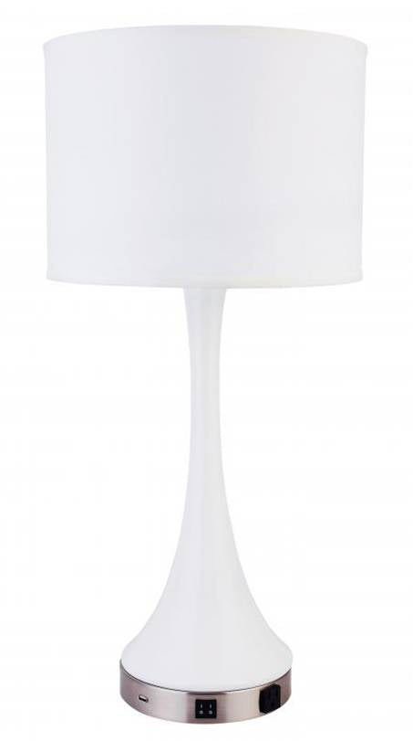 HLHT7074 Gloss White & Brushed Nickel Table Lamp with USB & Outlet – 29” Modern Charging Bedside Lamp