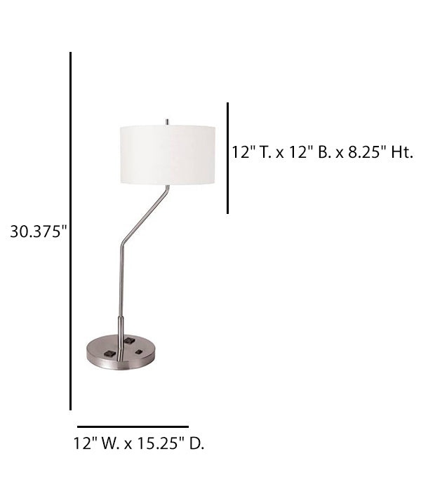 HLHT7077 Brushed Nickel Table Lamp with White Linen Shade & Dual Outlets – 30.375” Modern Bedside Lighting