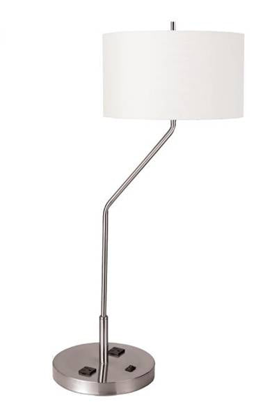 HLHT7077 Brushed Nickel Table Lamp with White Linen Shade & Dual Outlets – 30.375” Modern Bedside Lighting