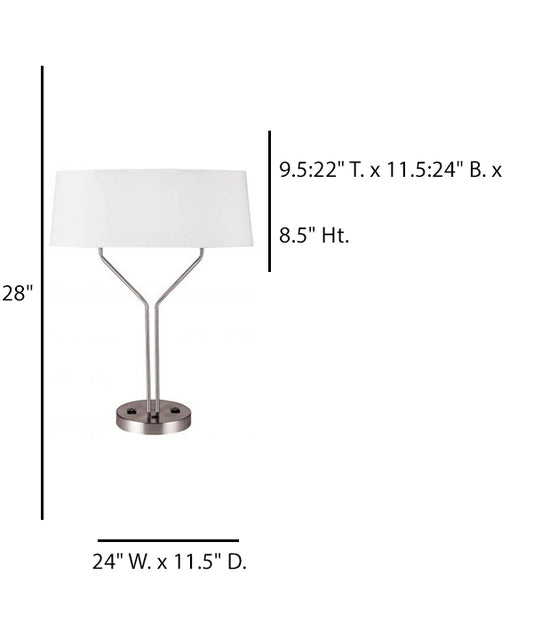 HLHT7078 Brushed Nickel Double Table Lamp with White Linen Shade & Dual Outlets – 28” Contemporary Lighting
