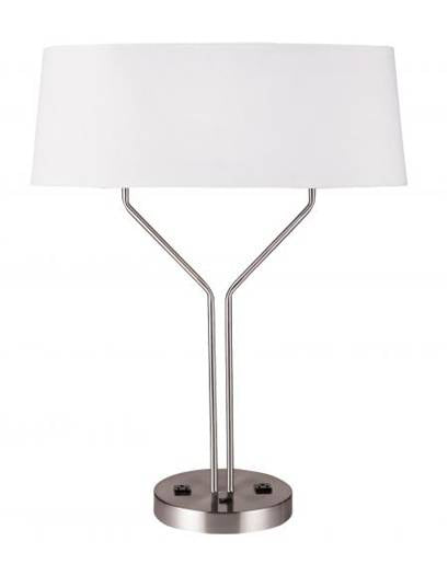 HLHT7078 Brushed Nickel Double Table Lamp with White Linen Shade & Dual Outlets – 28” Contemporary Lighting