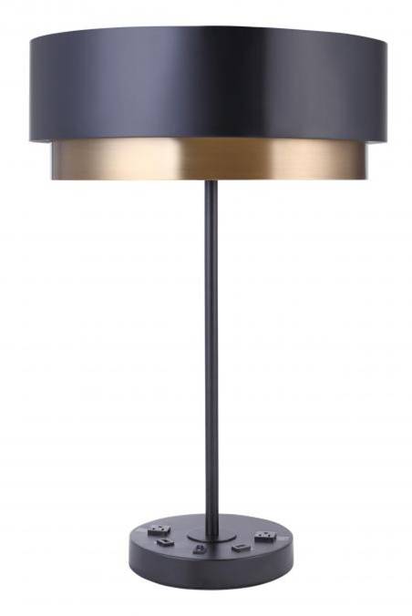HLHT7079 Dark Wood & Brushed Brass Table Lamp with USB & Outlets – 27” Commercial Bolt-Down Lighting