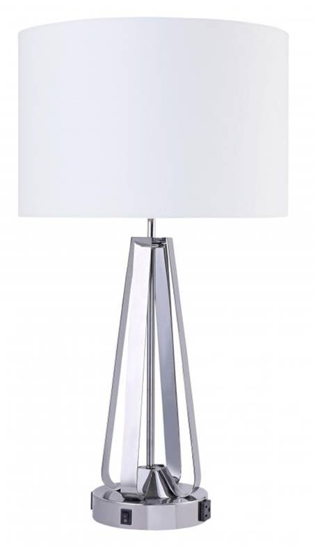 HLHT7080 Brushed Chrome Table Lamp with Dual Sockets & Outlets – 27” Modern Bedside Lighting