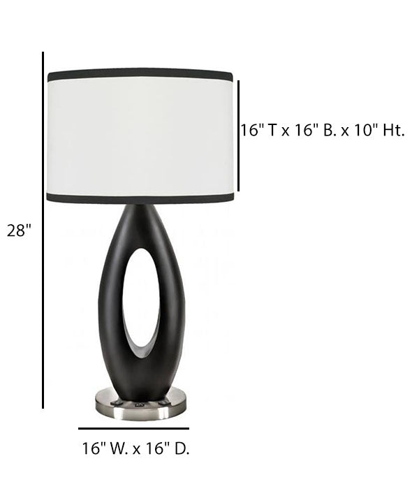 HLHT7087 Matte Black Resin Table Lamp with Brushed Nickel Base & Dual Outlets – 28” Modern Accent Lighting