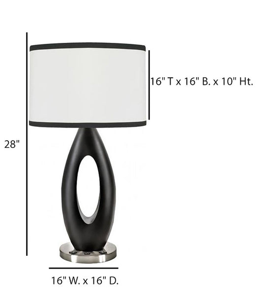 HLHT7087 Matte Black Resin Table Lamp with Brushed Nickel Base & Dual Outlets – 28” Modern Accent Lighting