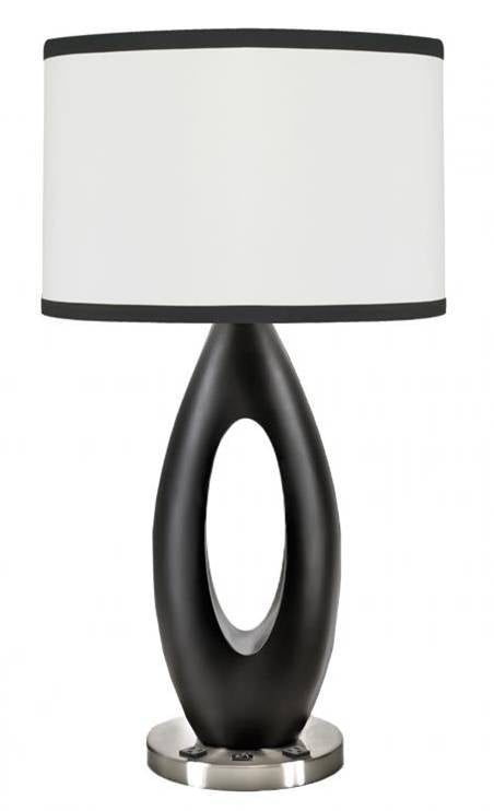 HLHT7087 Matte Black Resin Table Lamp with Brushed Nickel Base & Dual Outlets – 28” Modern Accent Lighting