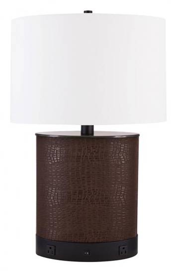 HLHT7088 Brown Leather Covered Bucket Table Lamp with Gaylord Bronze – 27” Rustic Modern Lighting