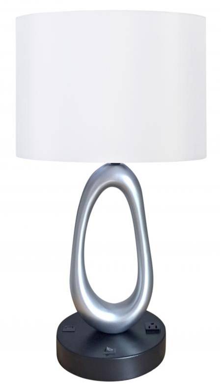 HLHT7096 Silver Chrome & Matte Black Resin Table Lamp with USB & Outlet – 22.5” Modern Decorative Accent