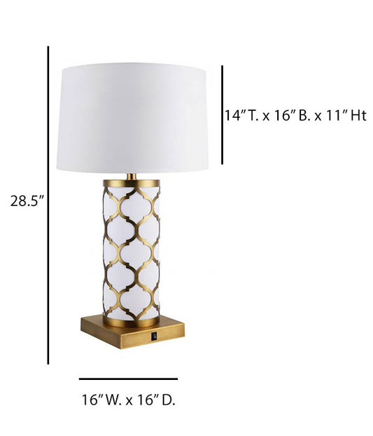 HLHT7099 Frosted White Glass Hotel Bedside Table Lamp with USB & Power Outlet – 28.5” Brushed Brass Accent