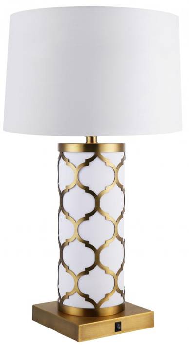 HLHT7099 Frosted White Glass Hotel Bedside Table Lamp with USB & Power Outlet – 28.5” Brushed Brass Accent
