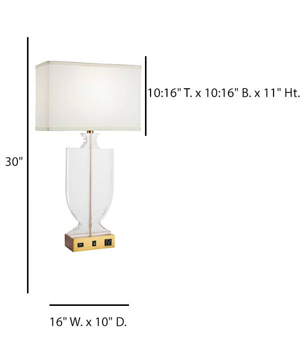 HLHT7100 Clear Glass Hotel Bedside Table Lamp with USB & Power Outlet – 30” Brushed Brass Accent