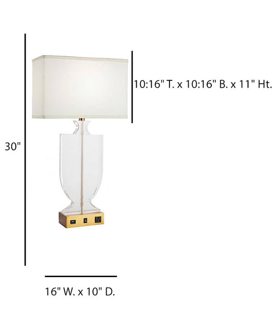 HLHT7100 Clear Glass Hotel Bedside Table Lamp with USB & Power Outlet – 30” Brushed Brass Accent