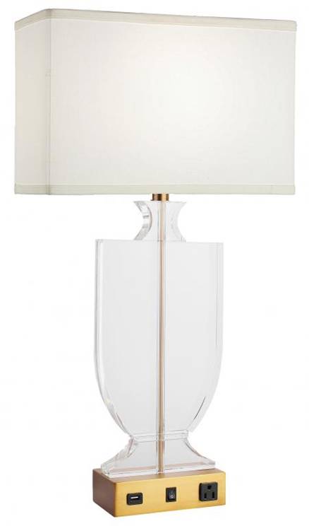 HLHT7100 Clear Glass Hotel Bedside Table Lamp with USB & Power Outlet – 30” Brushed Brass Accent
