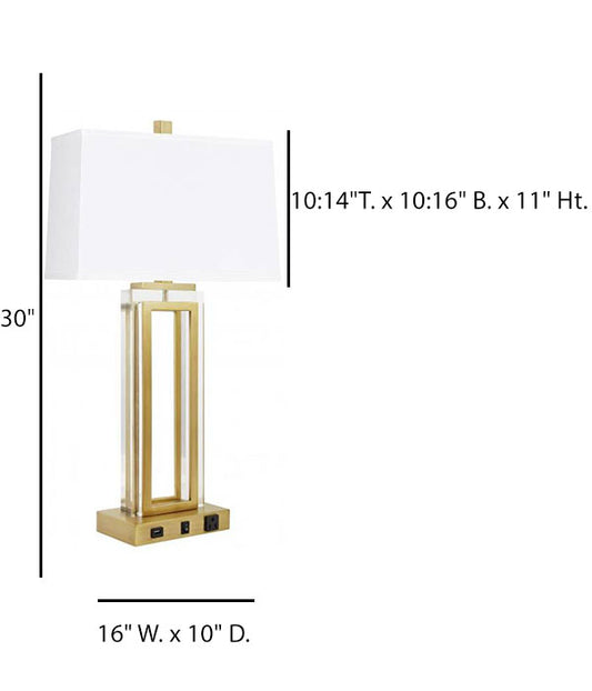HLHT7101 Clear Glass & Brushed Brass Table Lamp with USB & Outlet – 30” Hospitality Bedside Lighting