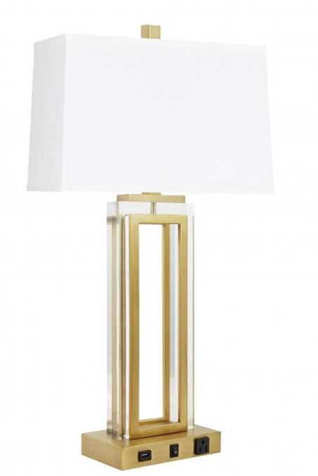 HLHT7101 Clear Glass & Brushed Brass Table Lamp with USB & Outlet – 30” Hospitality Bedside Lighting