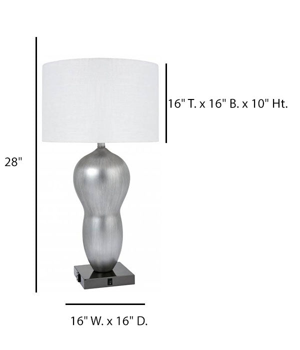 HLHT7104 Guestroom Resin Bedside Table Lamp with Outlet – 28” Brushed Silver & Black Chrome
