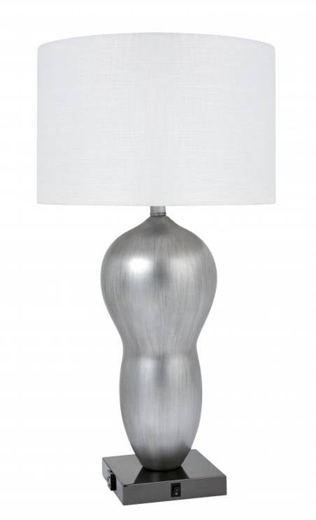 HLHT7104 Guestroom Resin Bedside Table Lamp with Outlet – 28” Brushed Silver & Black Chrome