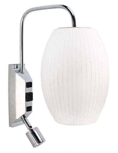 Polished & Brushed Chrome Headboard Wall Lamp with White Ribbed Shade – Dual LED (HLHW10088)