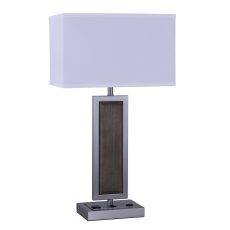 Bauhaus White Linen Table Lamp with Brushed Nickel & Brown Wood – 10" x 15" x 27.25"