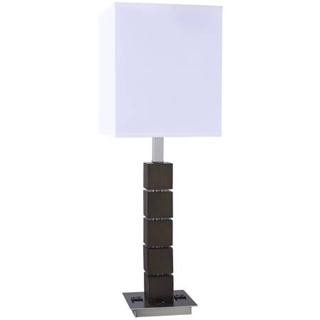 Bauhaus White Linen Table Lamp with Brushed Nickel & Brown Wood – 10" x 10" x 27"
